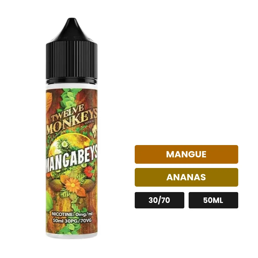 E-liquide Mangabeys de 12 Monkeys, 50 ml, saveurs mangue et ananas.