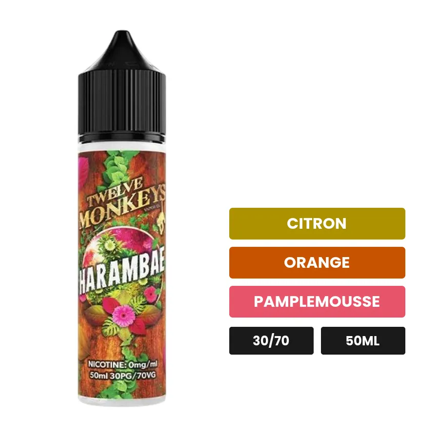 E-liquide Harambae de 12 Monkeys, 50 ml, saveurs citron, orange et pamplemousse.