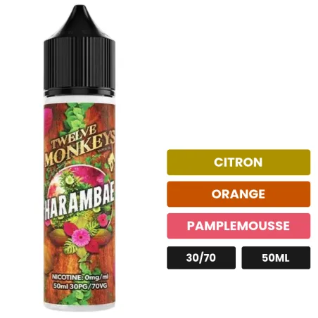 E-liquide Harambae de 12 Monkeys, 50 ml, saveurs citron, orange et pamplemousse.