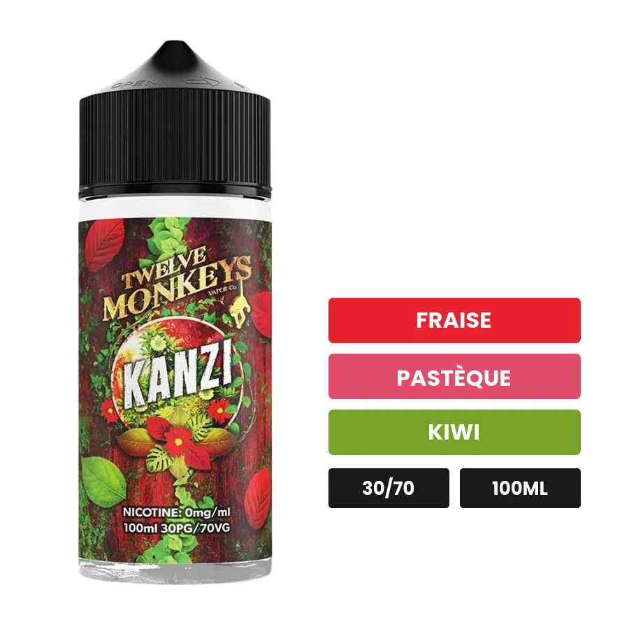 E-liquide Kanzi de 12 Monkeys, 100 ml, saveurs fraise, pastèque et kiwi.