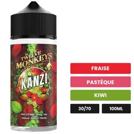 E-liquide Kanzi de 12 Monkeys, 100 ml, saveurs fraise, pastèque et kiwi.