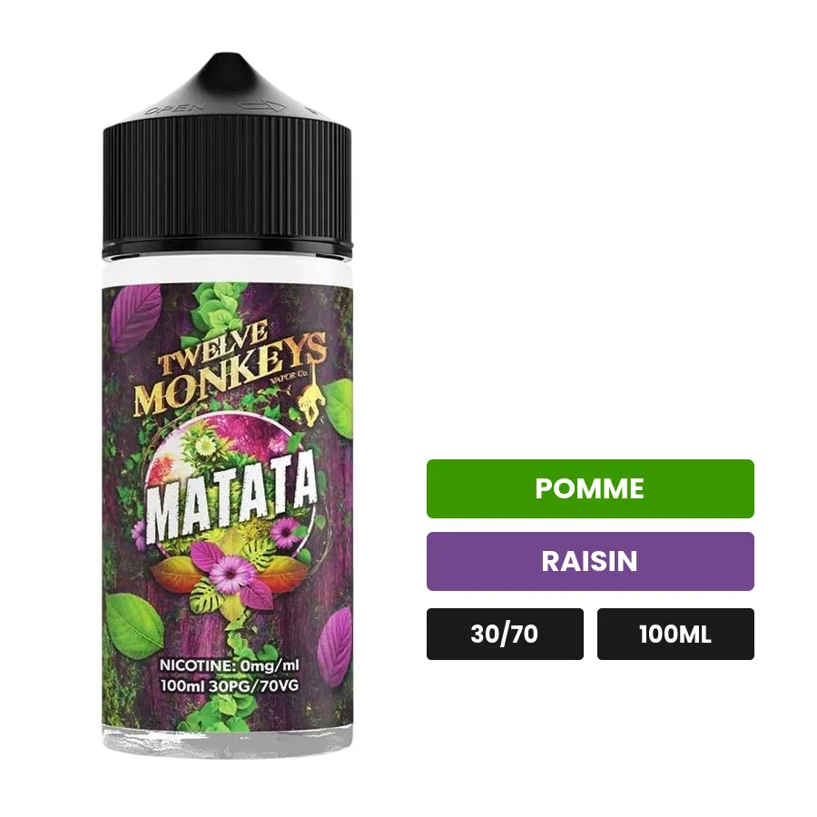 E-liquide Matata de 12 Monkeys, 100 ml, saveurs pomme et raisin.