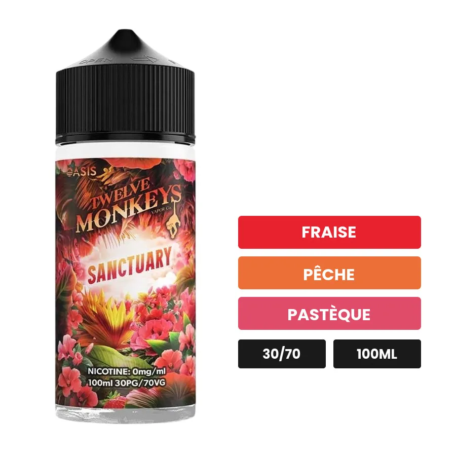 E-liquide Sanctuary de 12 Monkeys, 100 ml, saveurs fraise, pêche et pastèque.