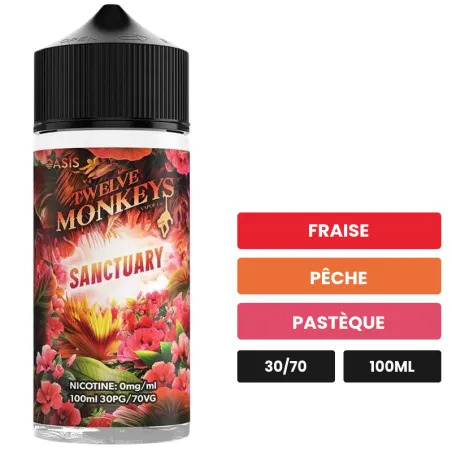 E-liquide Sanctuary de 12 Monkeys, 100 ml, saveurs fraise, pêche et pastèque.