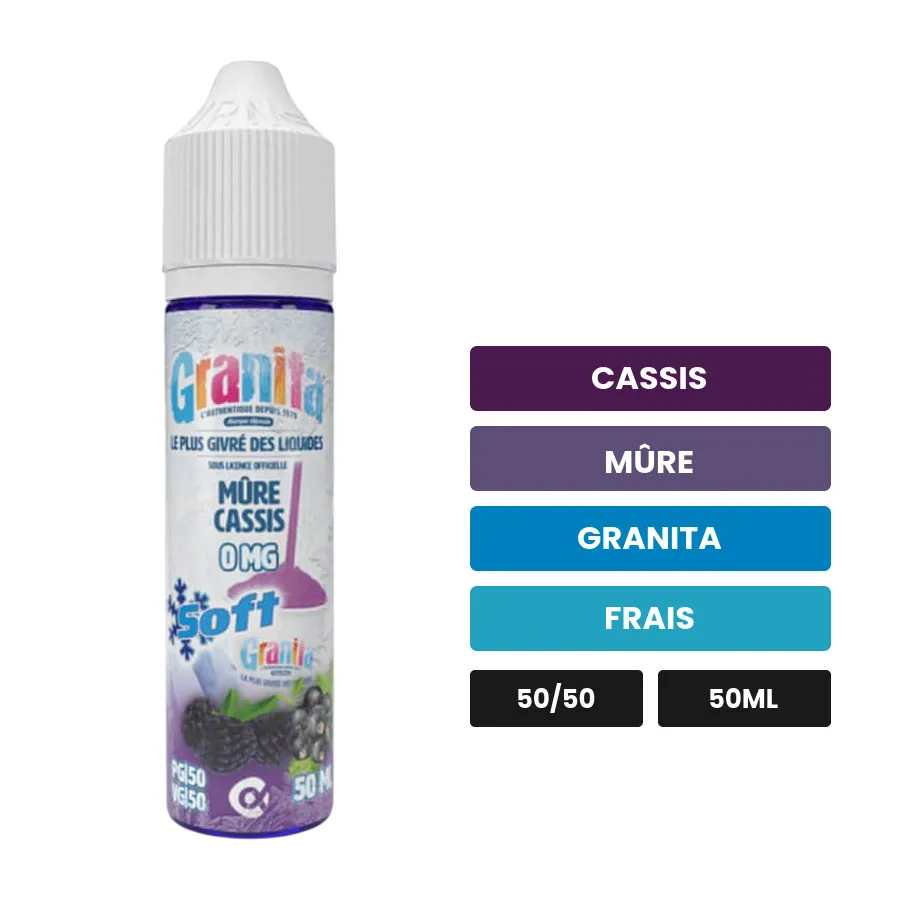 E-liquide Mûre Cassis d'Alfaliquid, 50 ml, saveurs cassis, mûre, granita et 1 autre.