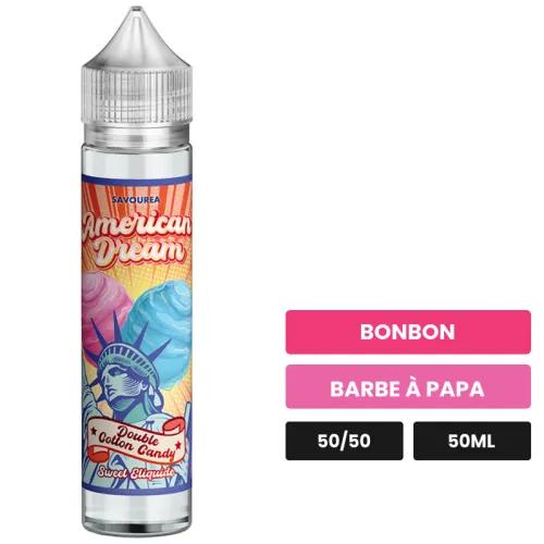 E-liquide Double Cotton Candy - American Dream de Savourea, 50 ml, saveurs bonbon et barbe à papa.
