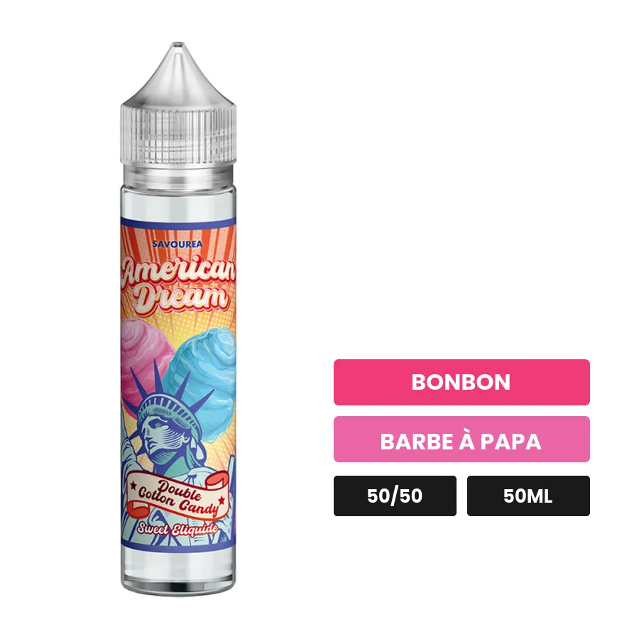 E-liquide Double Cotton Candy - American Dream de Savourea, 50 ml, saveurs bonbon et barbe à papa.