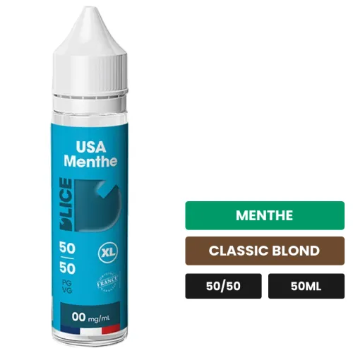 E-liquide Usa Menthe de D'Lice, 50 ml, saveurs menthe et classic blond.