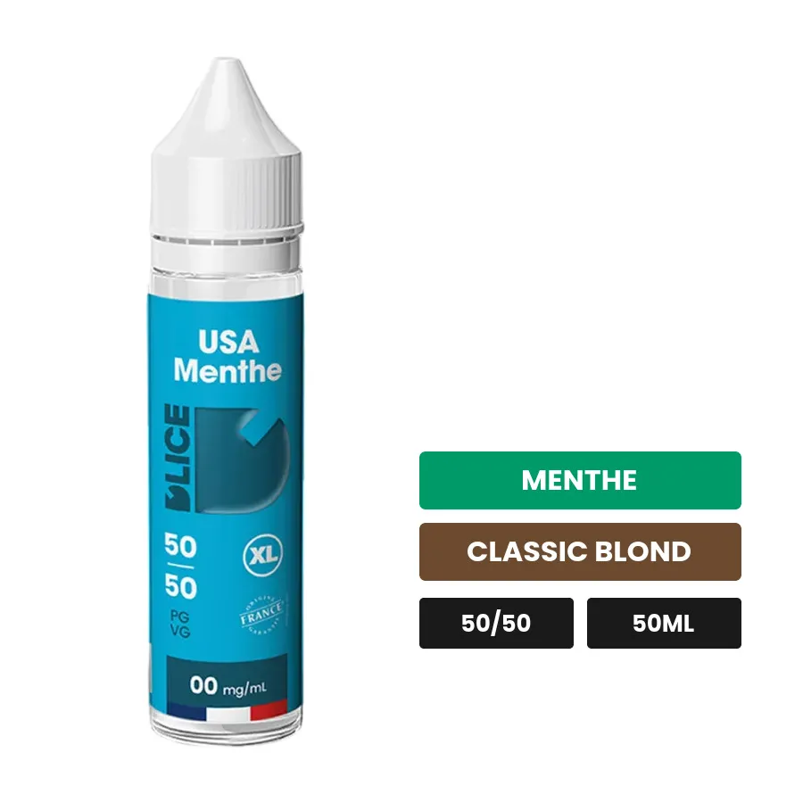 E-liquide Usa Menthe de D'Lice, 50 ml, saveurs menthe et classic blond.
