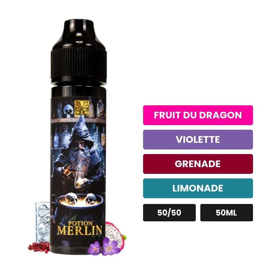E-liquide Potion Merlin de Tribal Force, 50 ml, saveurs fruit du dragon, violette, grenade et 1 autre.