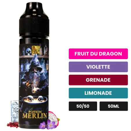 E-liquide Potion Merlin de Tribal Force, 50 ml, saveurs fruit du dragon, violette, grenade et 1 autre.