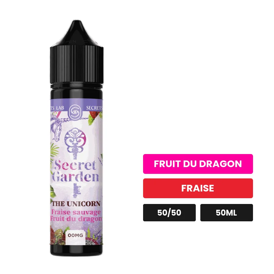 E-liquide The Unicorn de Secret's Lab, 50 ml, saveurs fruit du dragon et fraise.