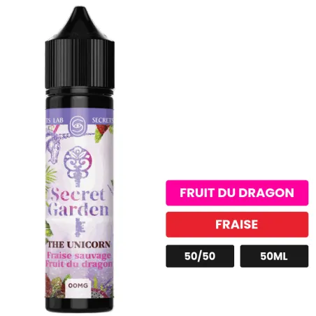 E-liquide The Unicorn de Secret's Lab, 50 ml, saveurs fruit du dragon et fraise.