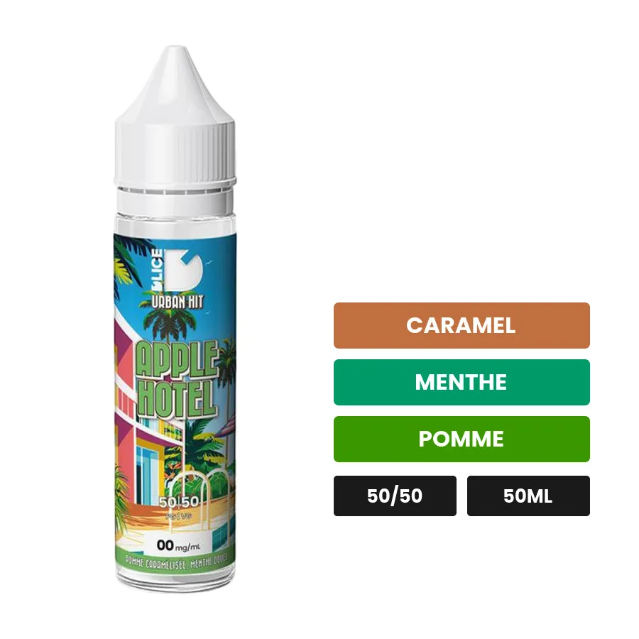 E-liquide Apple Hotel de D'Lice, 50 ml, saveurs caramel, menthe et pomme.
