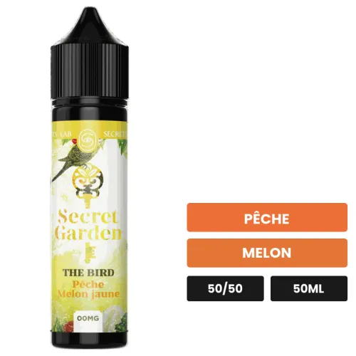 E-liquide The Bird de Secret's Lab, 50 ml, saveurs pêche et melon.