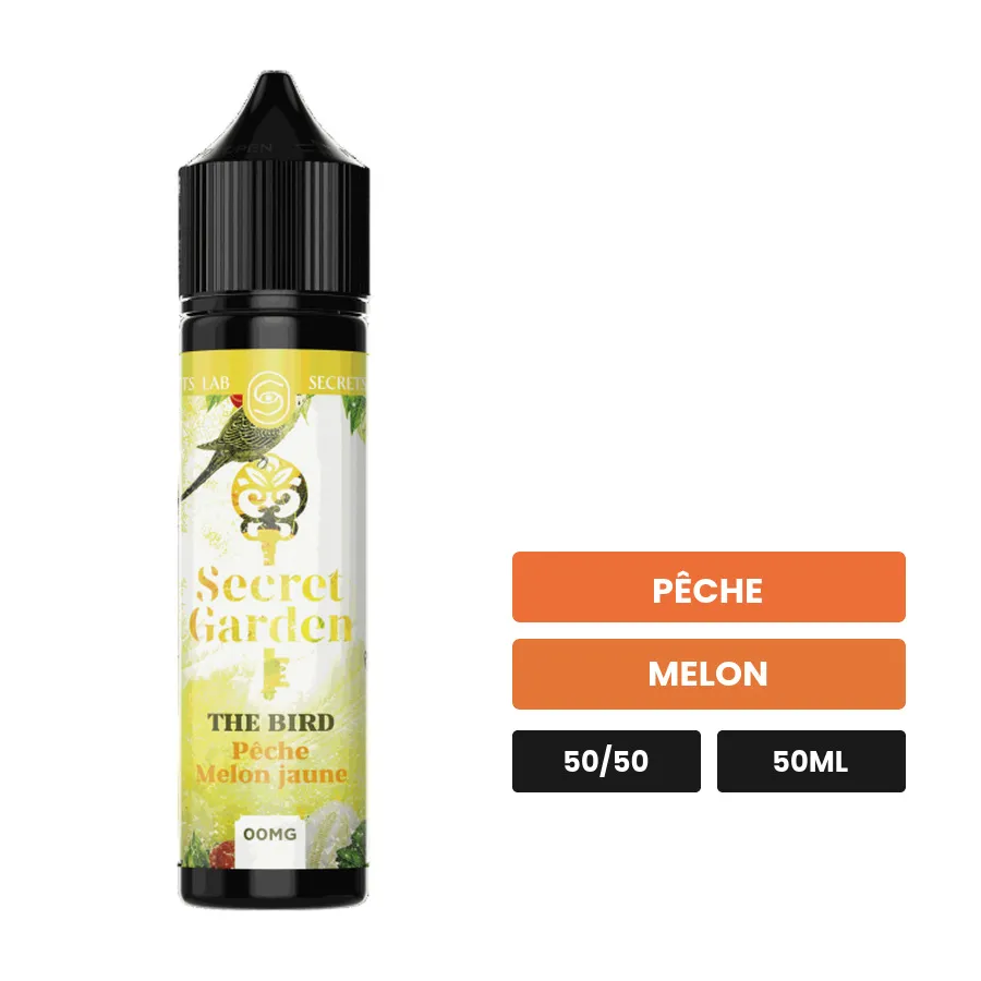 E-liquide The Bird de Secret's Lab, 50 ml, saveurs pêche et melon.