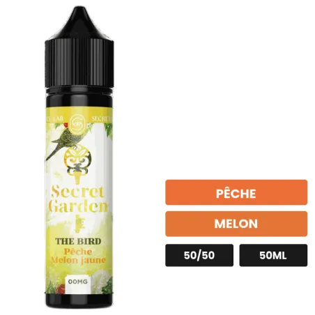 E-liquide The Bird de Secret's Lab, 50 ml, saveurs pêche et melon.