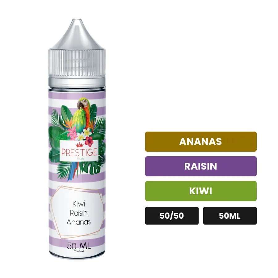 E-liquide Kiwi, Raisin, Ananas de Prestige Fruits, 50 ml, saveurs ananas, raisin et kiwi.