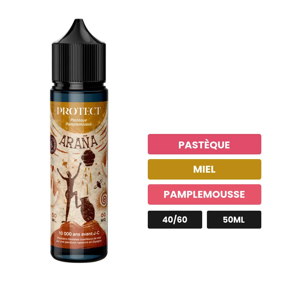 E-liquide Araña de Protect, 50 ml, saveurs pastèque, miel et pamplemousse.