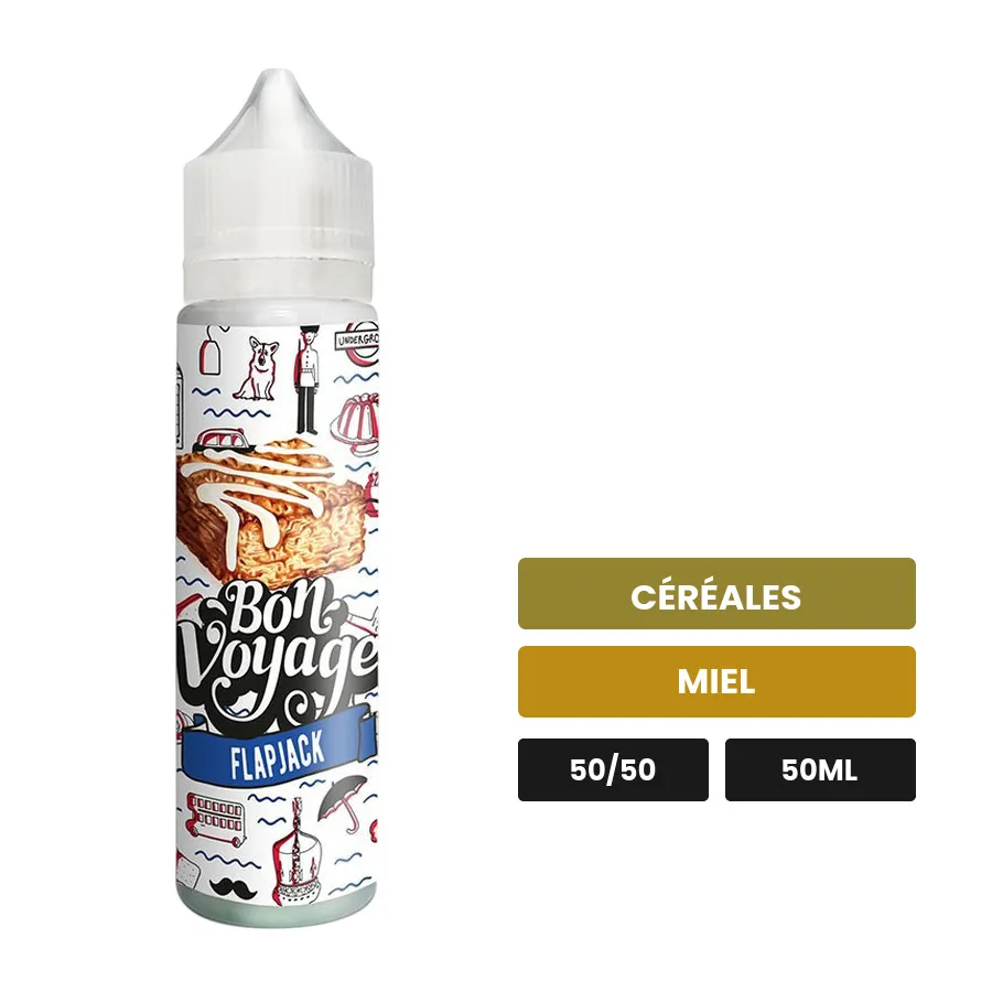 E-liquide Flapjack de Bon Voyage, 50 ml, saveurs céréales et miel.