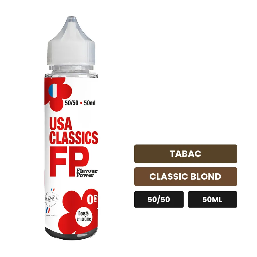 E-liquide Usa Classics de Flavour Power, 50 ml, saveurs tabac et classic blond.