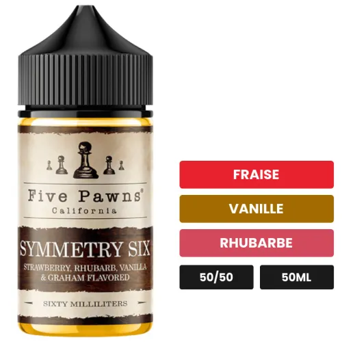 E-liquide Symmetry Six de Five Pawns, 50 ml, saveurs fraise, vanille et rhubarbe.