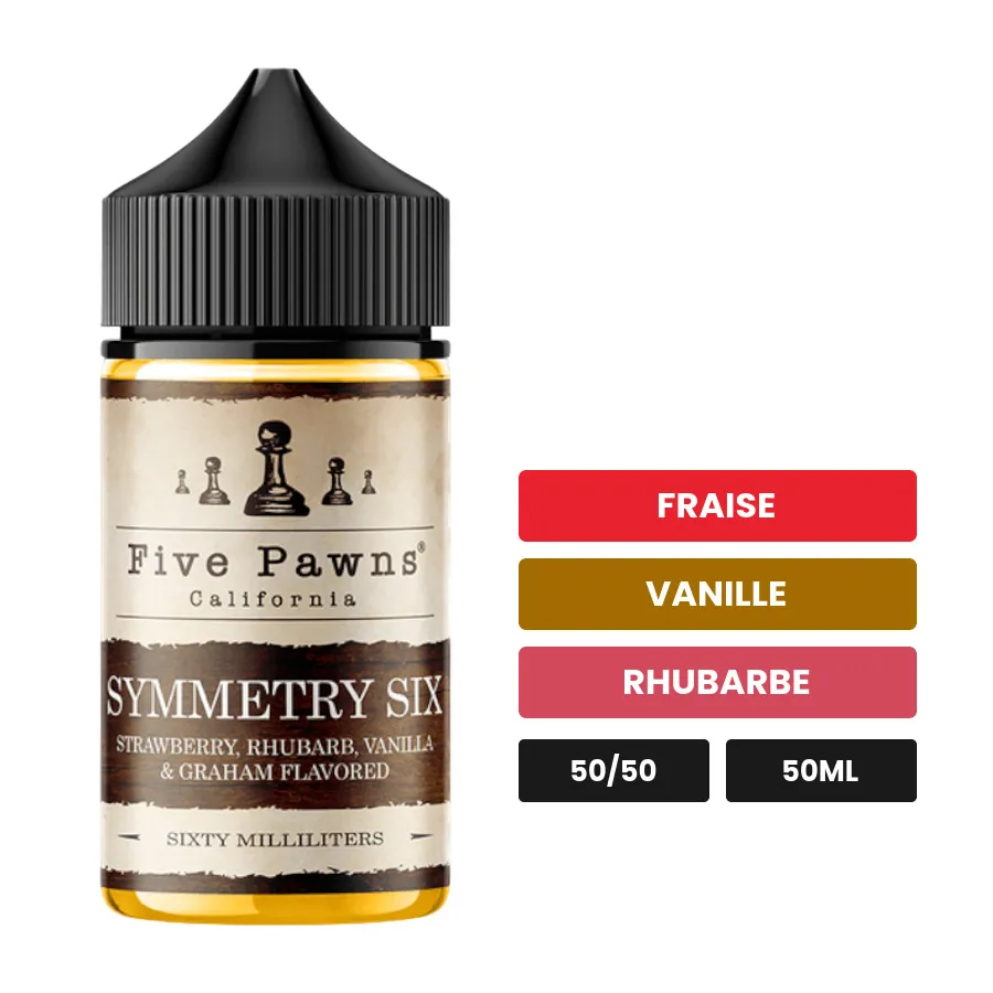 E-liquide Symmetry Six de Five Pawns, 50 ml, saveurs fraise, vanille et rhubarbe.