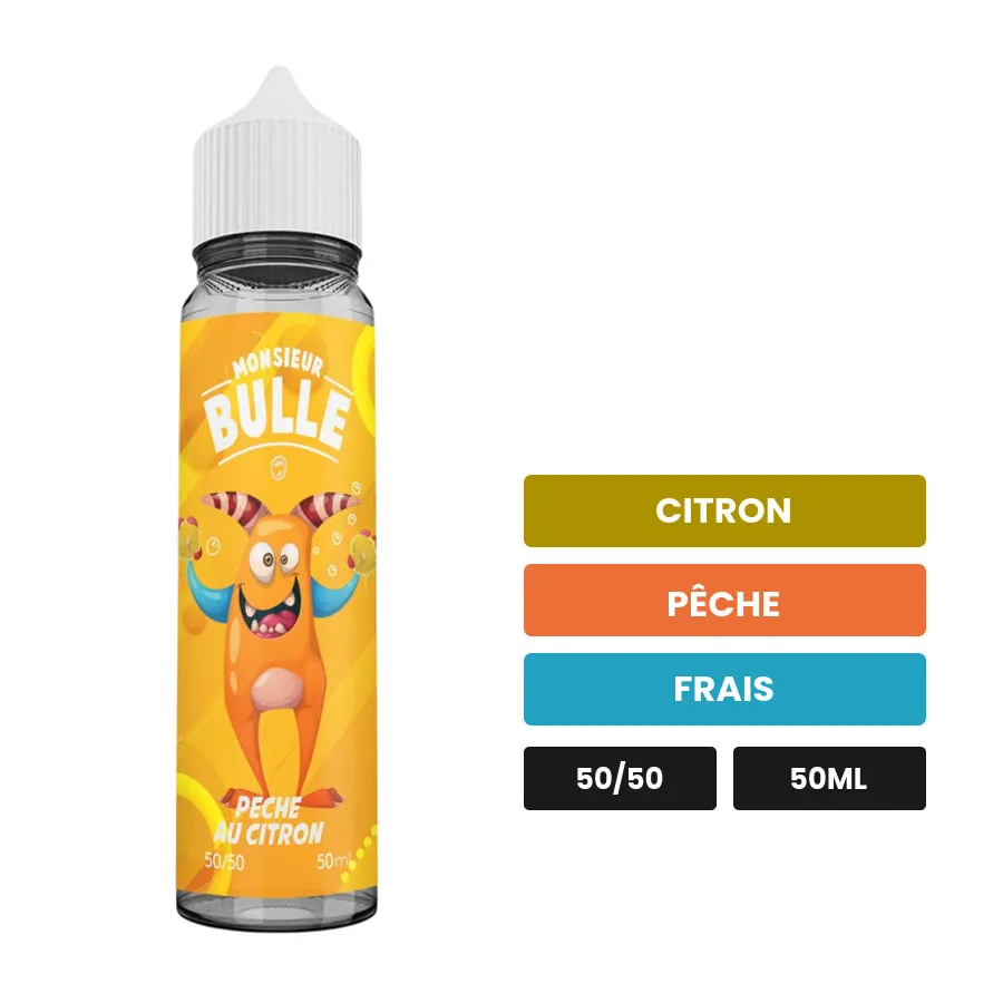 E-liquide Pêche Au Citron de Liquideo, 50 ml, saveurs citron, pêche et frais.