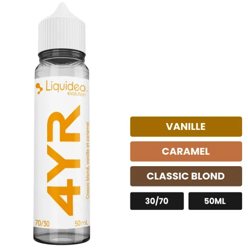 E-liquide 4Yr de Liquideo, 50 ml, saveurs vanille, caramel et classic blond.