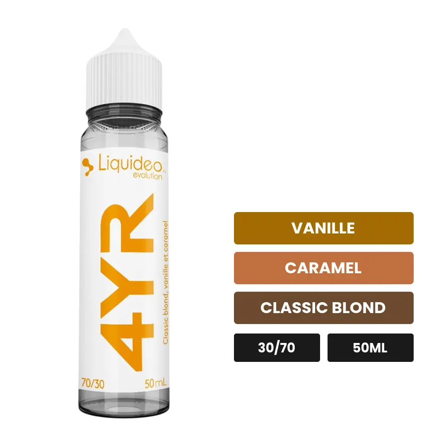 E-liquide 4Yr de Liquideo, 50 ml, saveurs vanille, caramel et classic blond.