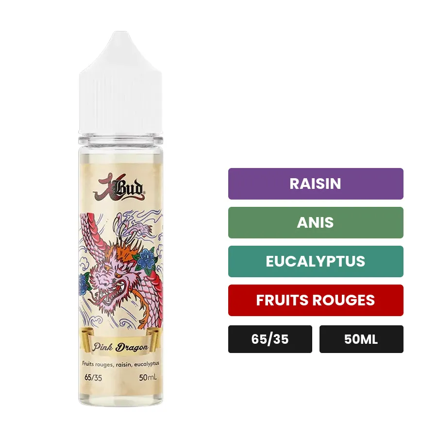 E-liquide Xbud-Pink Dragon de Liquideo, 50 ml, saveurs raisin, anis, eucalyptus et 2 autres.