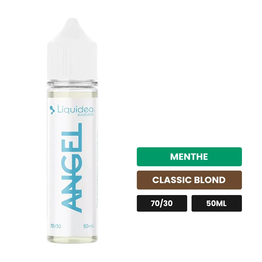 E-liquide Angel de Liquideo, 50 ml, saveurs menthe et classic blond.