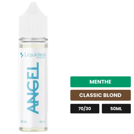E-liquide Angel de Liquideo, 50 ml, saveurs menthe et classic blond.