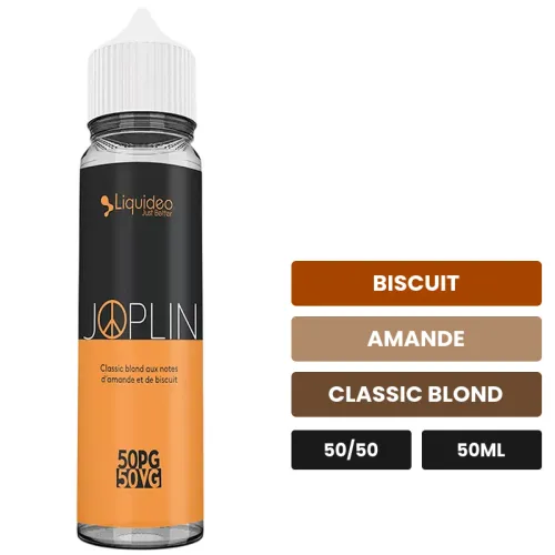 E-liquide Liquideo Fifty Joplin, 50 ml, saveurs biscuit, amande et classic blond.