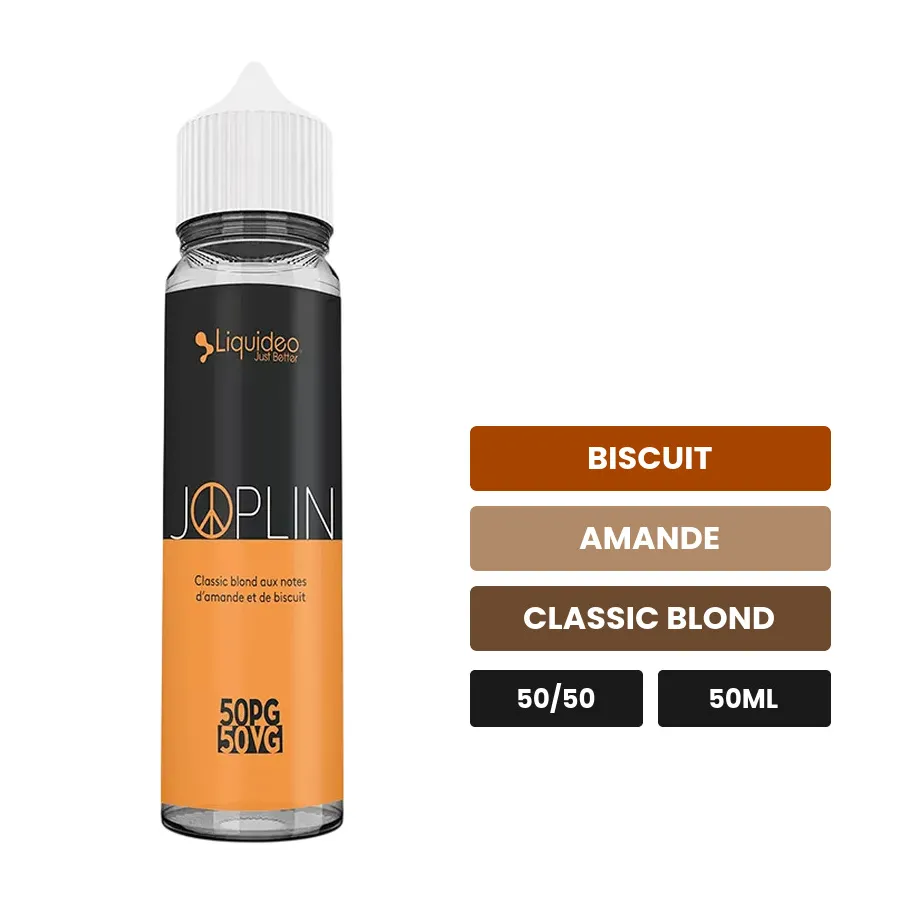E-liquide Liquideo Fifty Joplin, 50 ml, saveurs biscuit, amande et classic blond.