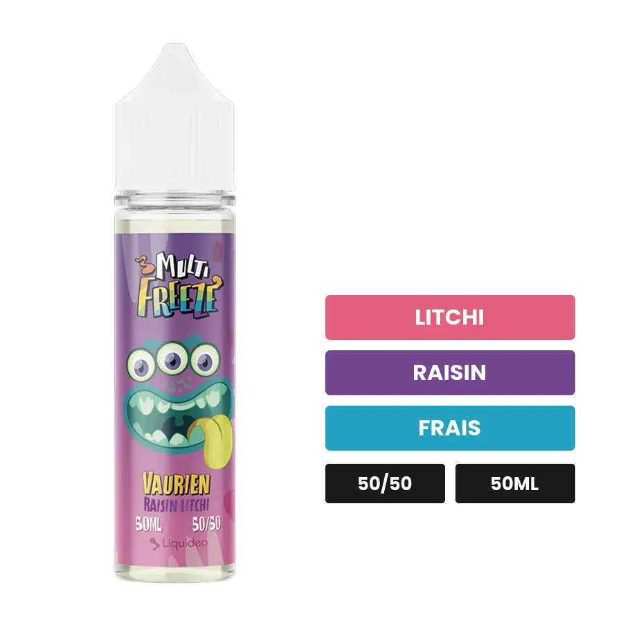 E-liquide Vaurien de Liquideo, 50 ml, saveurs litchi, raisin et frais.