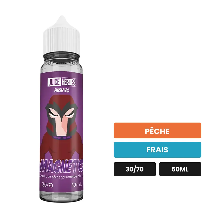 E-liquide Magneto de Liquideo, 50 ml, saveurs pêche et frais.