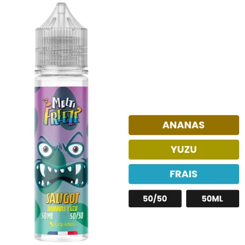 E-liquide Saligot de Liquideo, 50 ml, saveurs ananas, yuzu et frais.