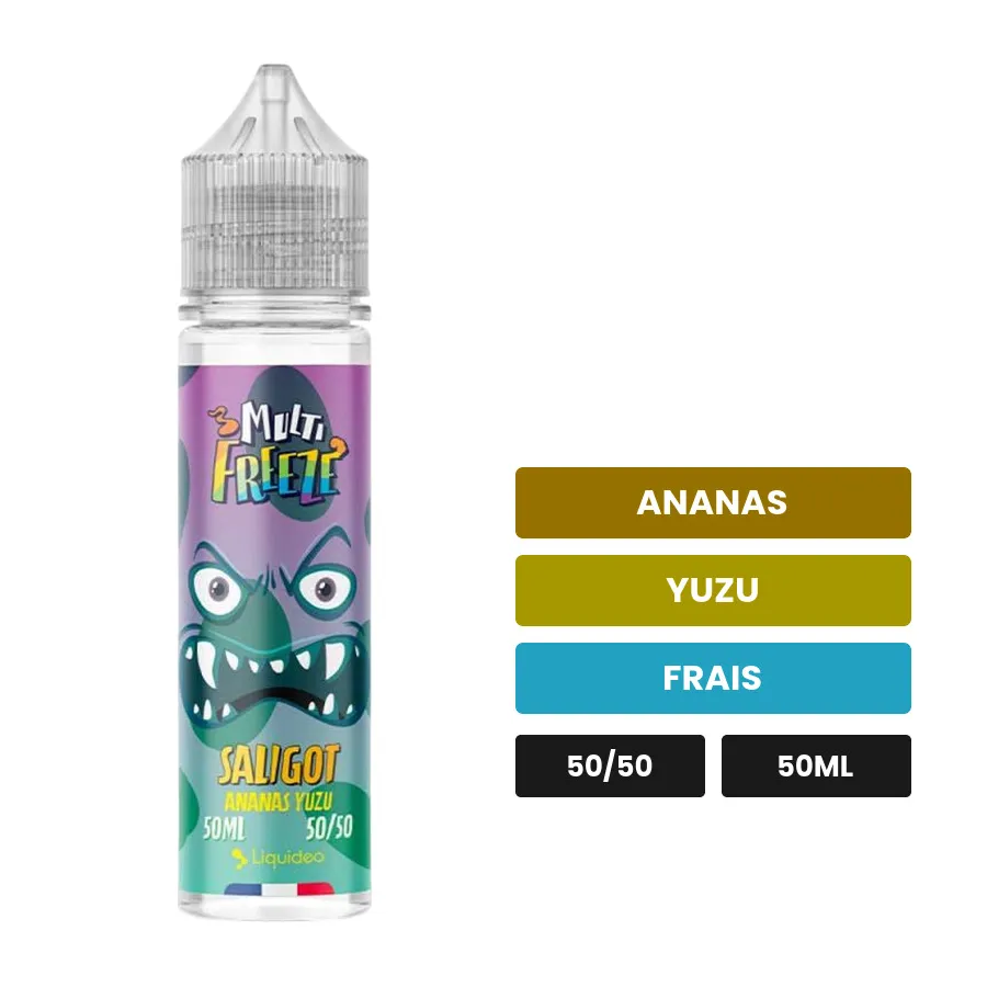 E-liquide Saligot de Liquideo, 50 ml, saveurs ananas, yuzu et frais.