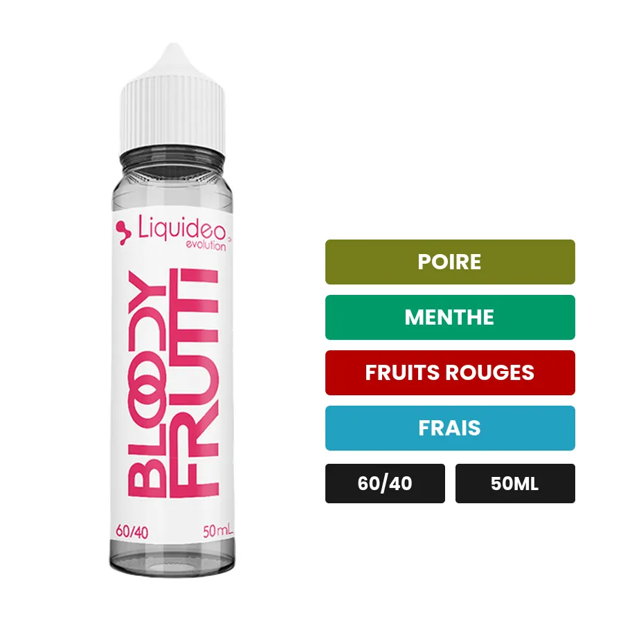 E-liquide Bloody Frutti de Liquideo, 50 ml, saveurs poire, menthe, fruits rouges et 1 autre.