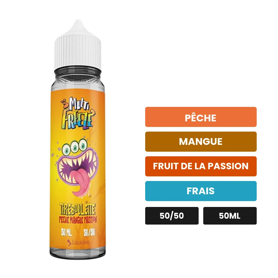 E-liquide Tireboulette de Liquideo, 50 ml, saveurs pêche, mangue, fruit de la passion et 1 autre.