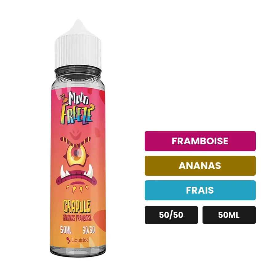 E-liquide Crapule Ananas Framboise Multifreeze de Liquideo, 50 ml, saveurs framboise, ananas et frais.