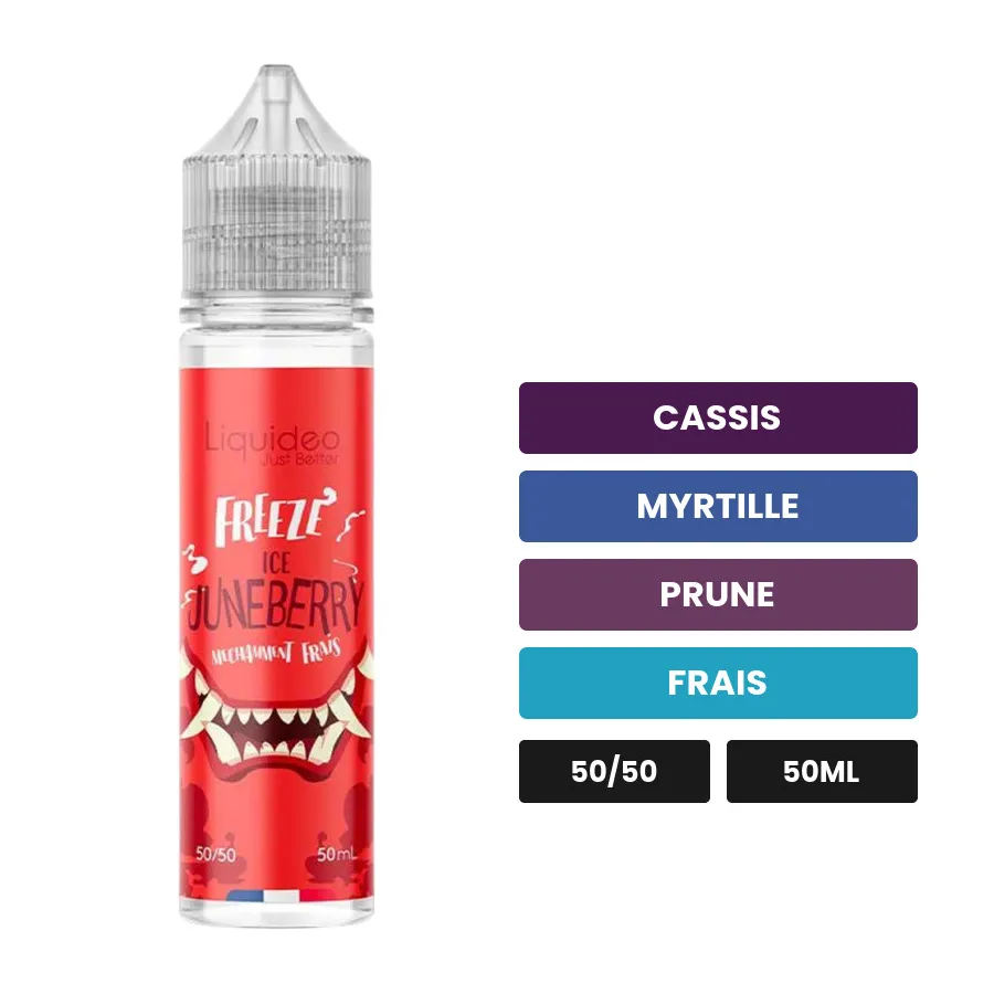 E-liquide Ice Juneberry de Liquideo, 50 ml, saveurs cassis, myrtille, prune et 1 autre.