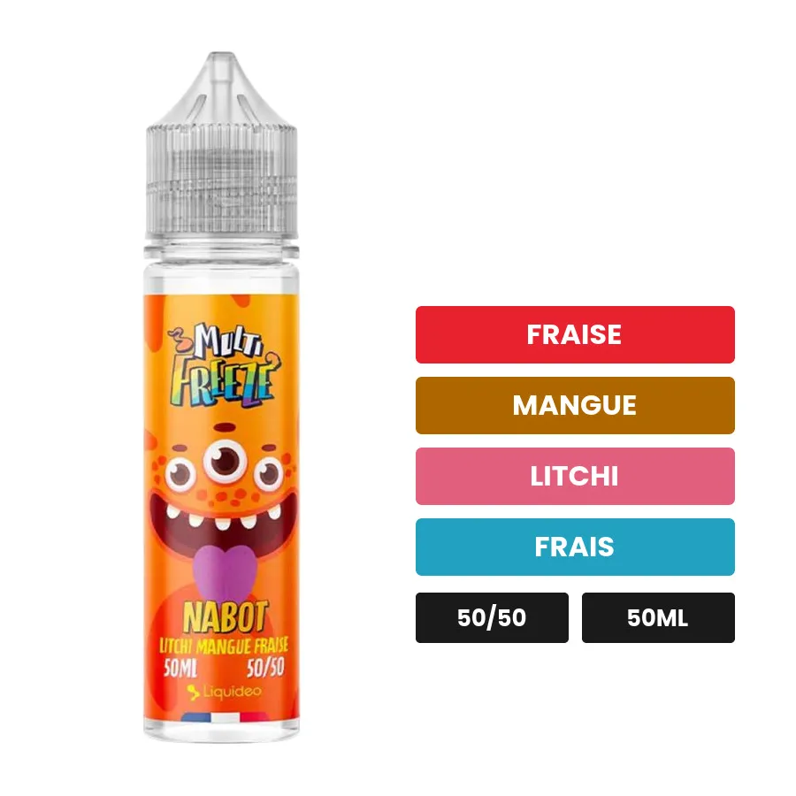 E-liquide Nabot de Liquideo, 50 ml, saveurs fraise, mangue, litchi et 1 autre.