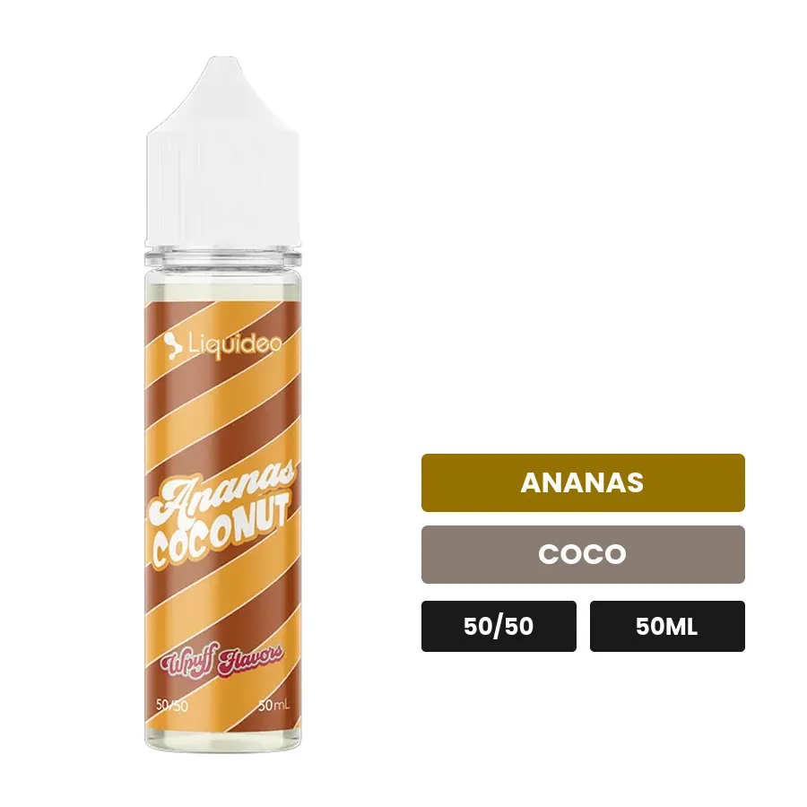 E-liquide Ananas Coconut de Liquideo, 50 ml, saveurs ananas et coco.