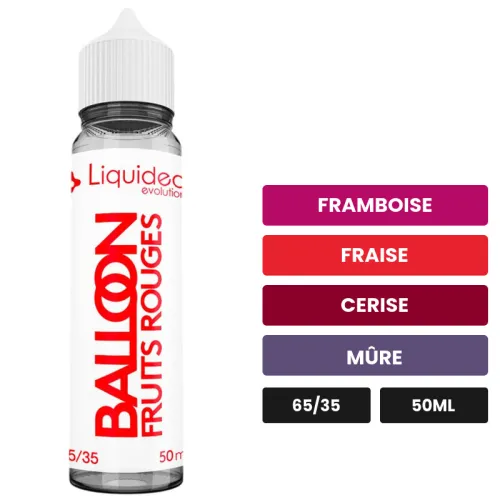 E-liquide Balloon de Liquideo, 50 ml, saveurs framboise, fraise, cerise et 1 autre.