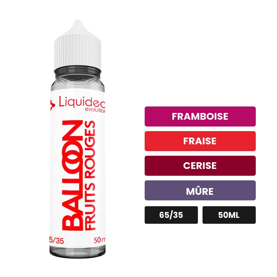 E-liquide Balloon de Liquideo, 50 ml, saveurs framboise, fraise, cerise et 1 autre.