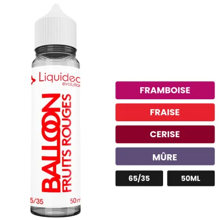 E-liquide Balloon de Liquideo, 50 ml, saveurs framboise, fraise, cerise et 1 autre.
