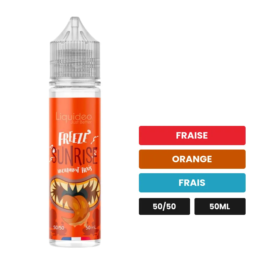 E-liquide Sunrise de Liquideo, 50 ml, saveurs fraise, orange et frais.