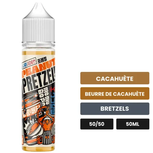 E-liquide Peanut Pretzel Kjuice Liquideo, 50 ml, saveurs cacahuète, beurre de cacahuète et bretzels.